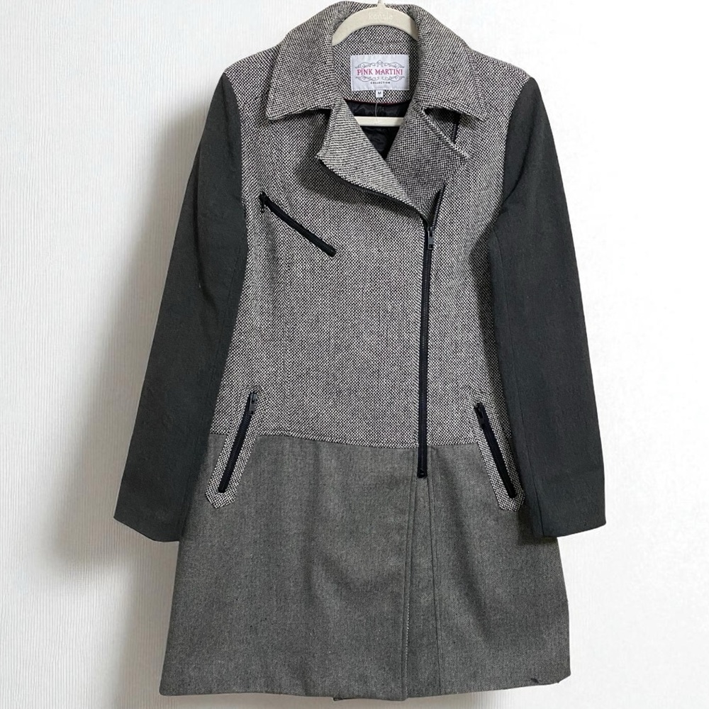 Pink Martini Gray & Black Tweed Wool Blend Stunning Zip‎ Up Coat Size Medium